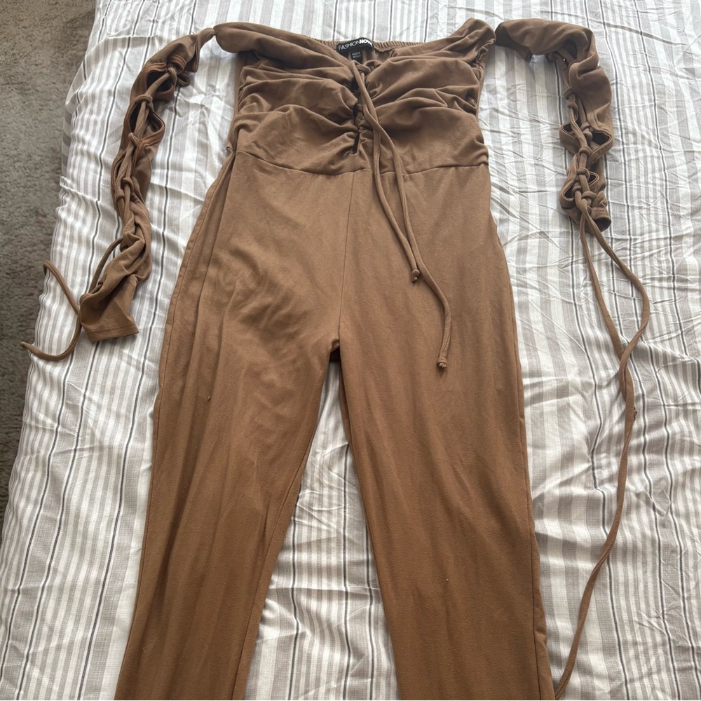 Fashion Nova Tan Jumpsuit with Tie Belt and Paper-Bag Waist